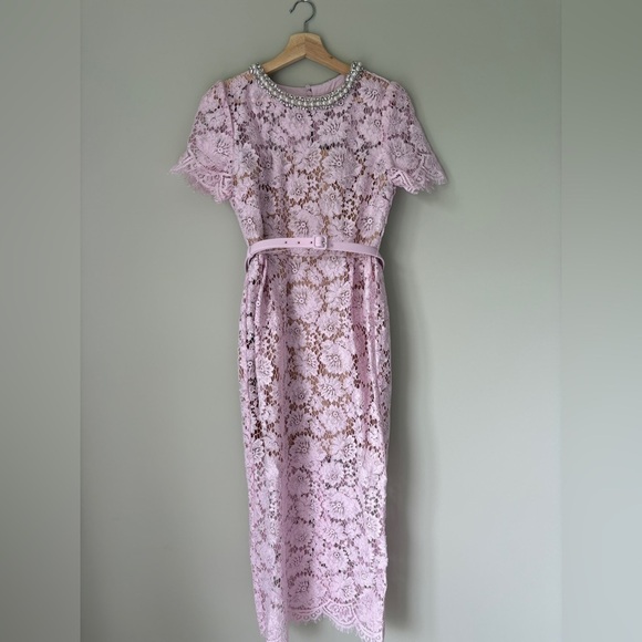 NEW Self-Portrait Fine Lace Pearl Midi Dress in Pink | UK 10 / US 6 - Picture 9 of 16